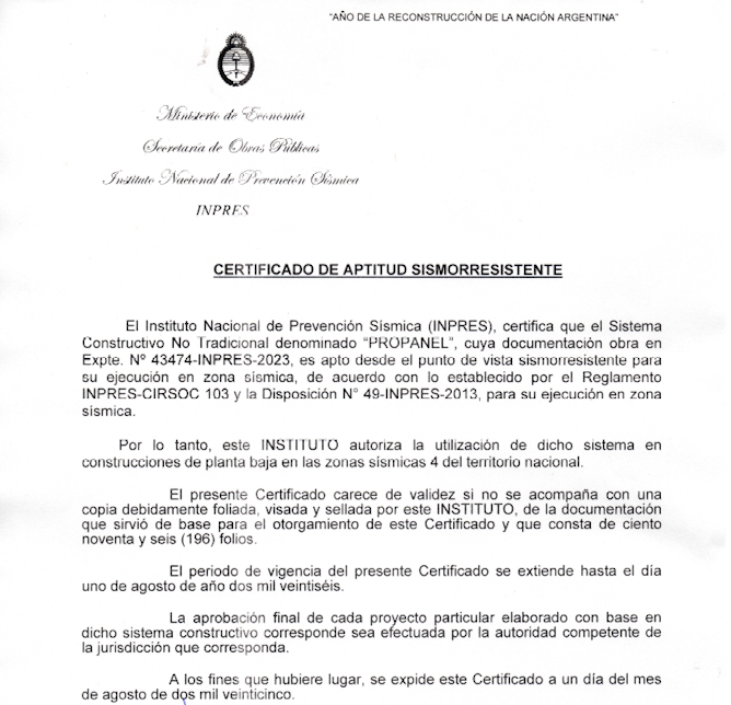 C.A.S - Certificado de Aptitud Sismorresistente PROPANEL